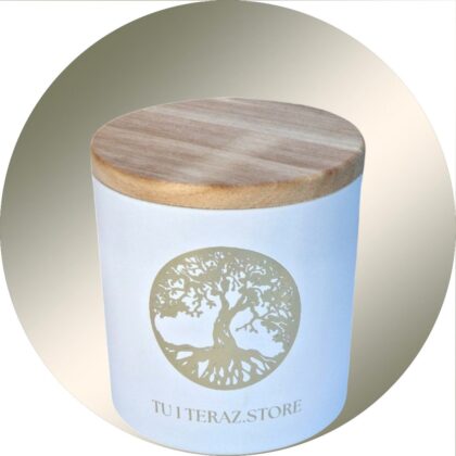 ŚWIECA SOJOWA PREMIUM KWIAT NEKTARYNKI I MALINA 200G BIAŁA ŚWIECZKA ZE ZŁOTYM DRZEWEM ŻYCIA